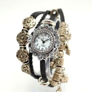 Strada Silver Tone Charm Style 29mm Watch Black Faux Leather w New Battery